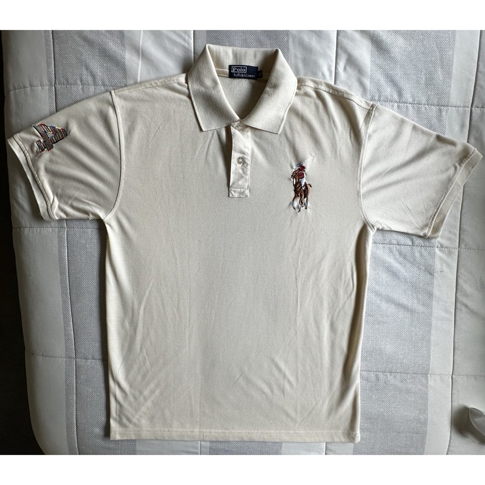 Polo Ralph Lauren Big Pony Shirt Mens XL Cream‎ Multi-Color Stripe #4 Patch READ